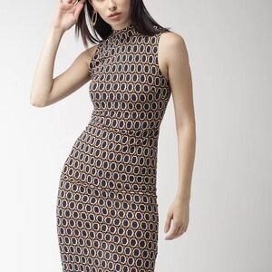 Geometric Patterned Sleeveless Dress - Black and Beige